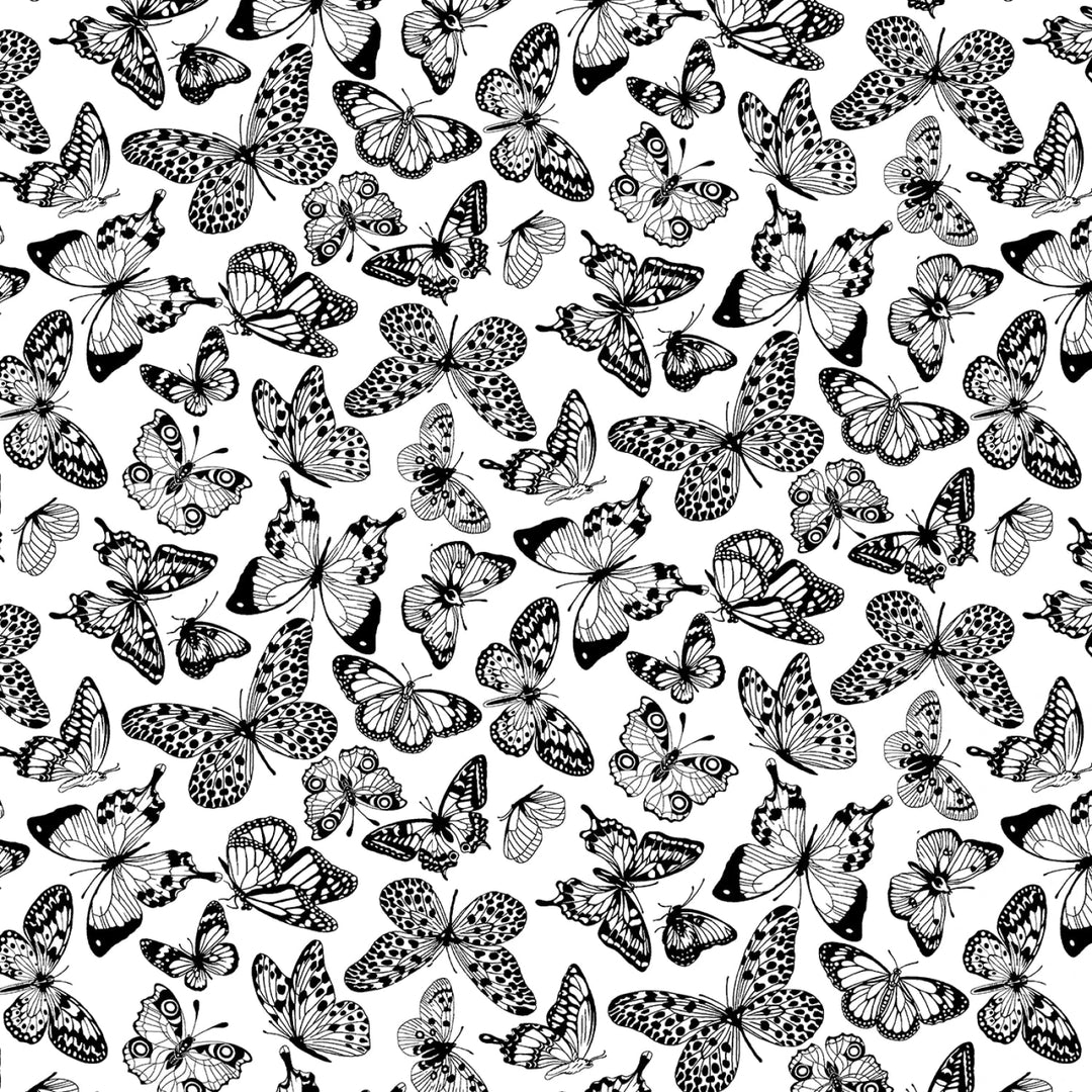 White/Black Butterflies 118” Cotton (8247S - 09) - Sold in UNITS of 1/4 metre - Maple Leaf Quilting Company Ltd.