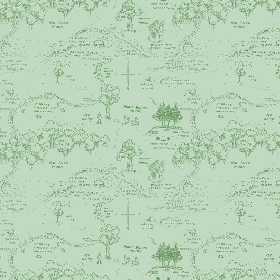Winnie the Pooh Map - Green | 43/44" Cotton (C17001R - GREEN) - Sold in UNITS of ¼ metre - Maple Leaf Quilting Company Ltd.