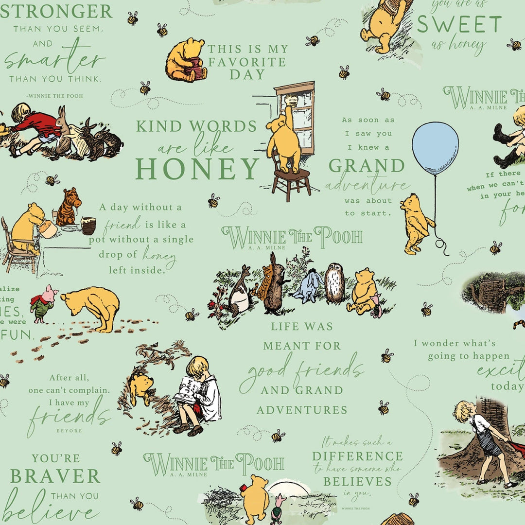 Winnie the Pooh Quotes - Green | 43/44" Flannel (F17502R-GREEN) - Sold in UNITS of ¼ metre - Maple Leaf Quilting Company Ltd.