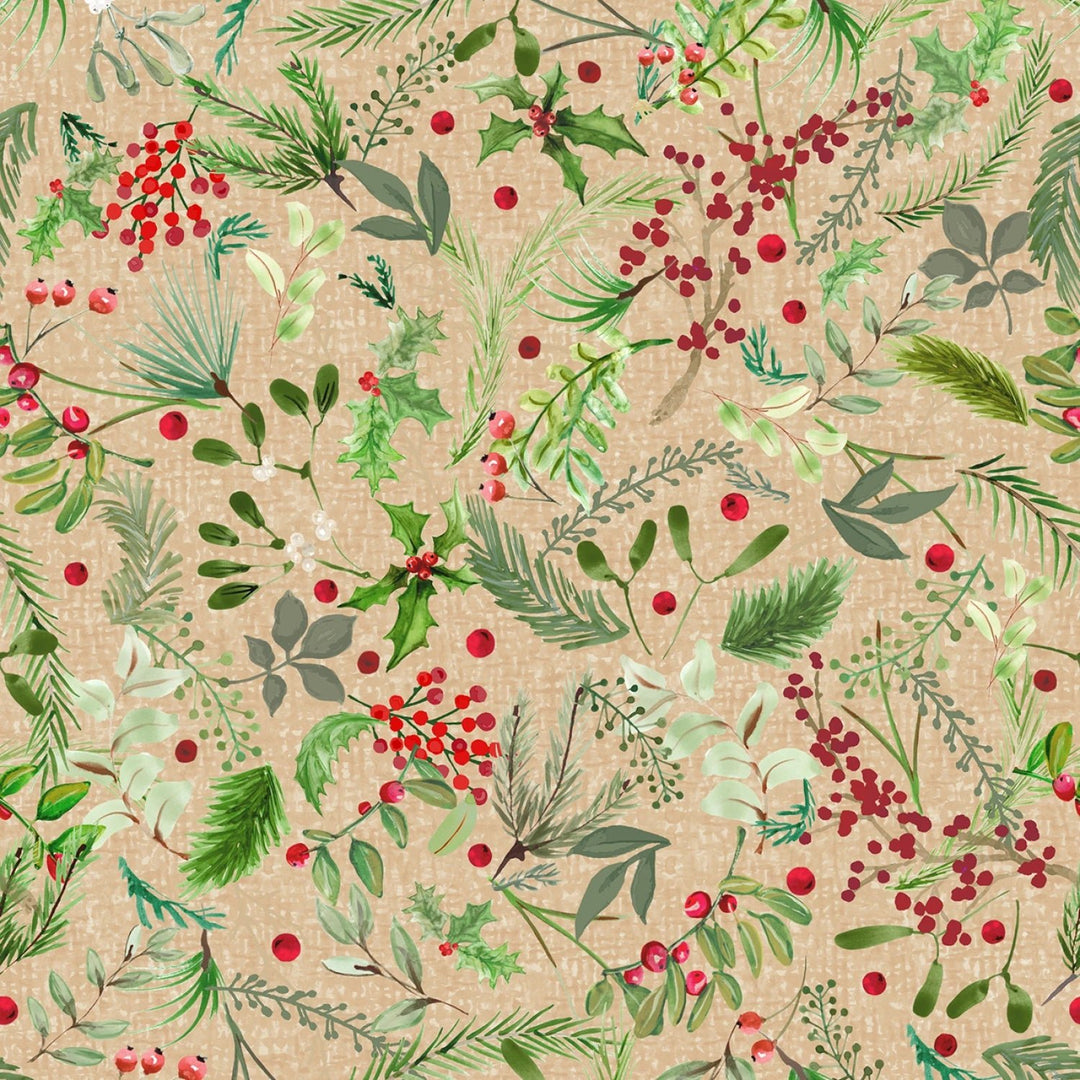 Winter Wreaths by Maywood Studio Collection - Cream Greenery | 44/45" Cotton (10881M - E) - Sold in UNITS of 1/4 metre - Maple Leaf Quilting Company Ltd.