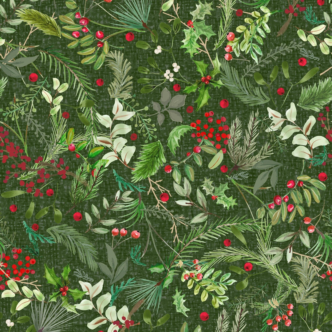 Winter Wreaths by Maywood Studio Collection - Green Greenery | 44/45" Cotton (10881M - G) - Sold in UNITS of 1/4 metre - Maple Leaf Quilting Company Ltd.